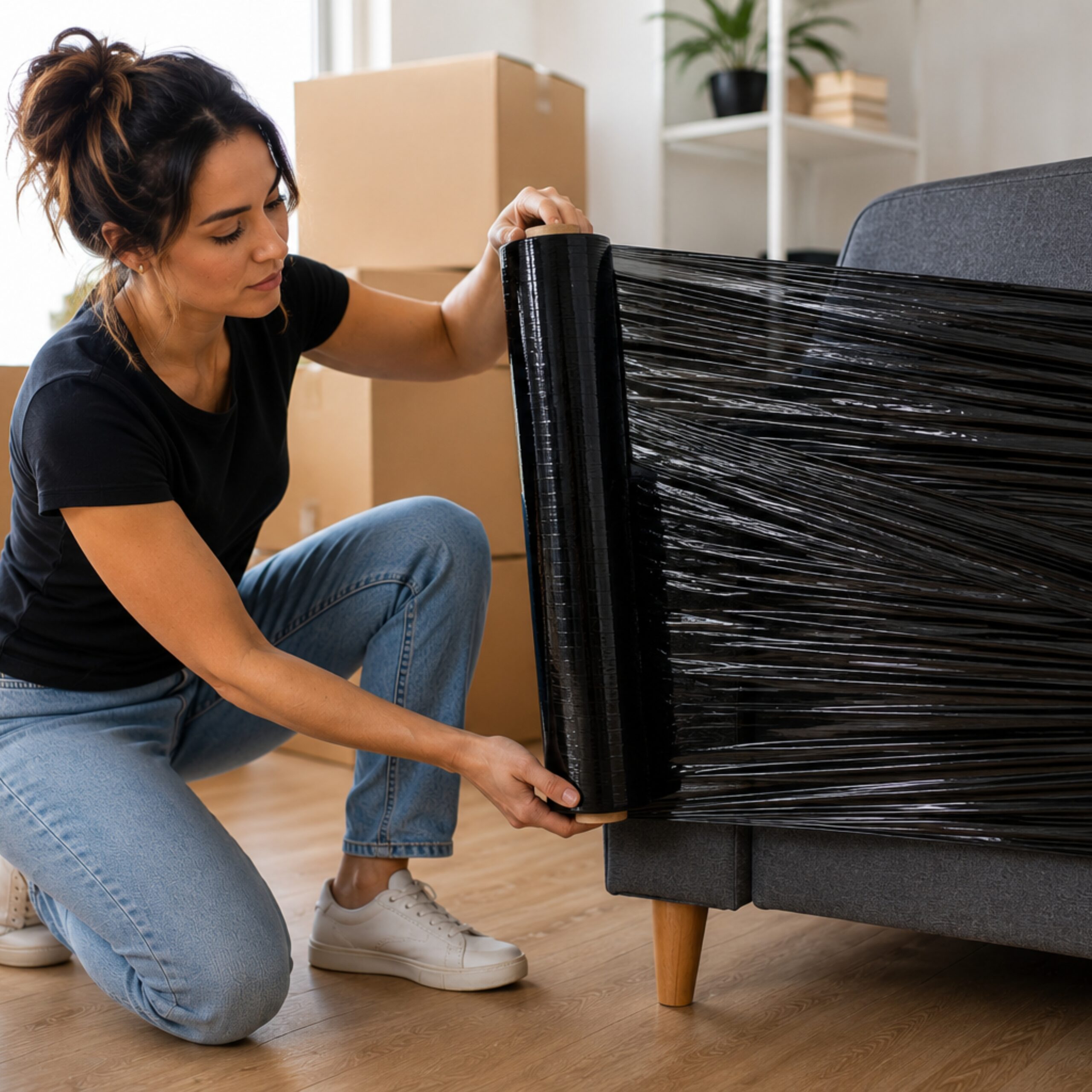 SAMZ Packaging Heavy Duty Black Pallet Wrap Roll, Black Stretch Film for Pallet Wrapping, Strong Plastic Shrink Wrap for Moving, Storage, Shipping & Warehouse Packaging